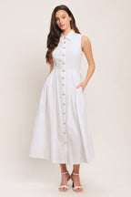 Elegant White Midi Dress with Jewel Button Closure