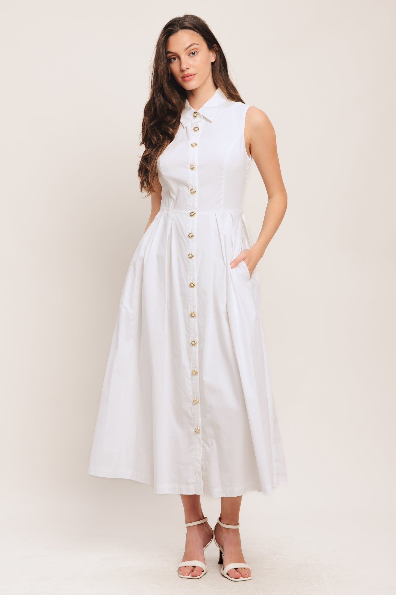 Elegant White Midi Dress with Jewel Button Closure