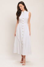 Elegant White Midi Dress with Jewel Button Closure