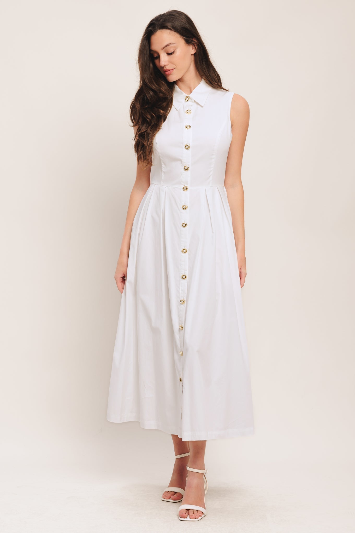 Elegant White Midi Dress with Jewel Button Closure