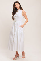 Elegant White Midi Dress with Jewel Button Closure