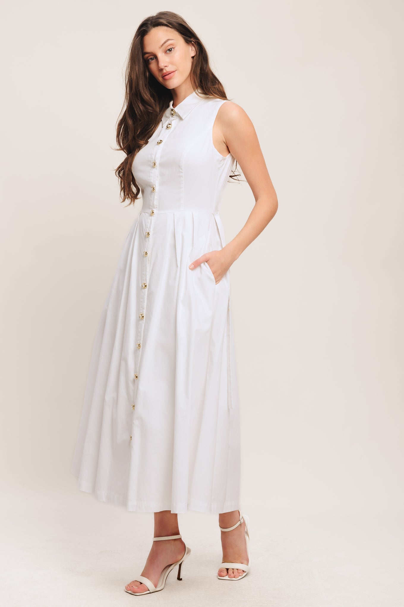 Elegant White Midi Dress with Jewel Button Closure
