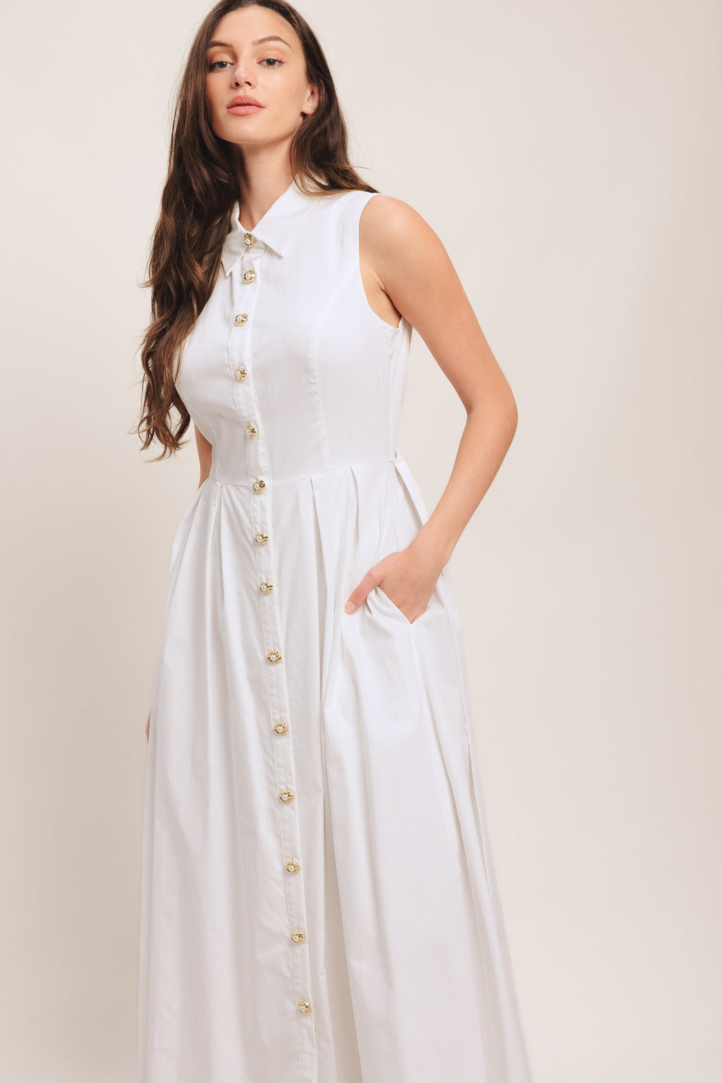 Elegant White Midi Dress with Jewel Button Closure