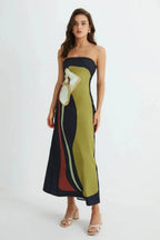 Kouvr Elizabeth Strapless Maxi Dress – Abstract Calla Lily Satin-Crepe Gown