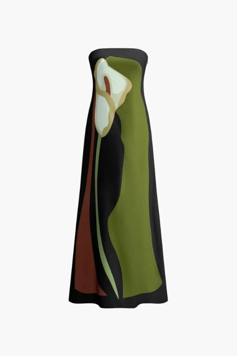 Kouvr Elizabeth Strapless Maxi Dress – Abstract Calla Lily Satin-Crepe Gown