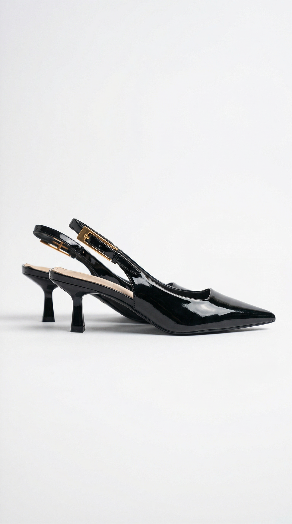 Black Patent Leather Pointed Toe Slingback Kitten Heels Women's Glossy Low Heel Slingback Pumps