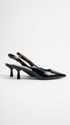 Black Patent Leather Pointed Toe Slingback Kitten Heels Women's Glossy Low Heel Slingback Pumps