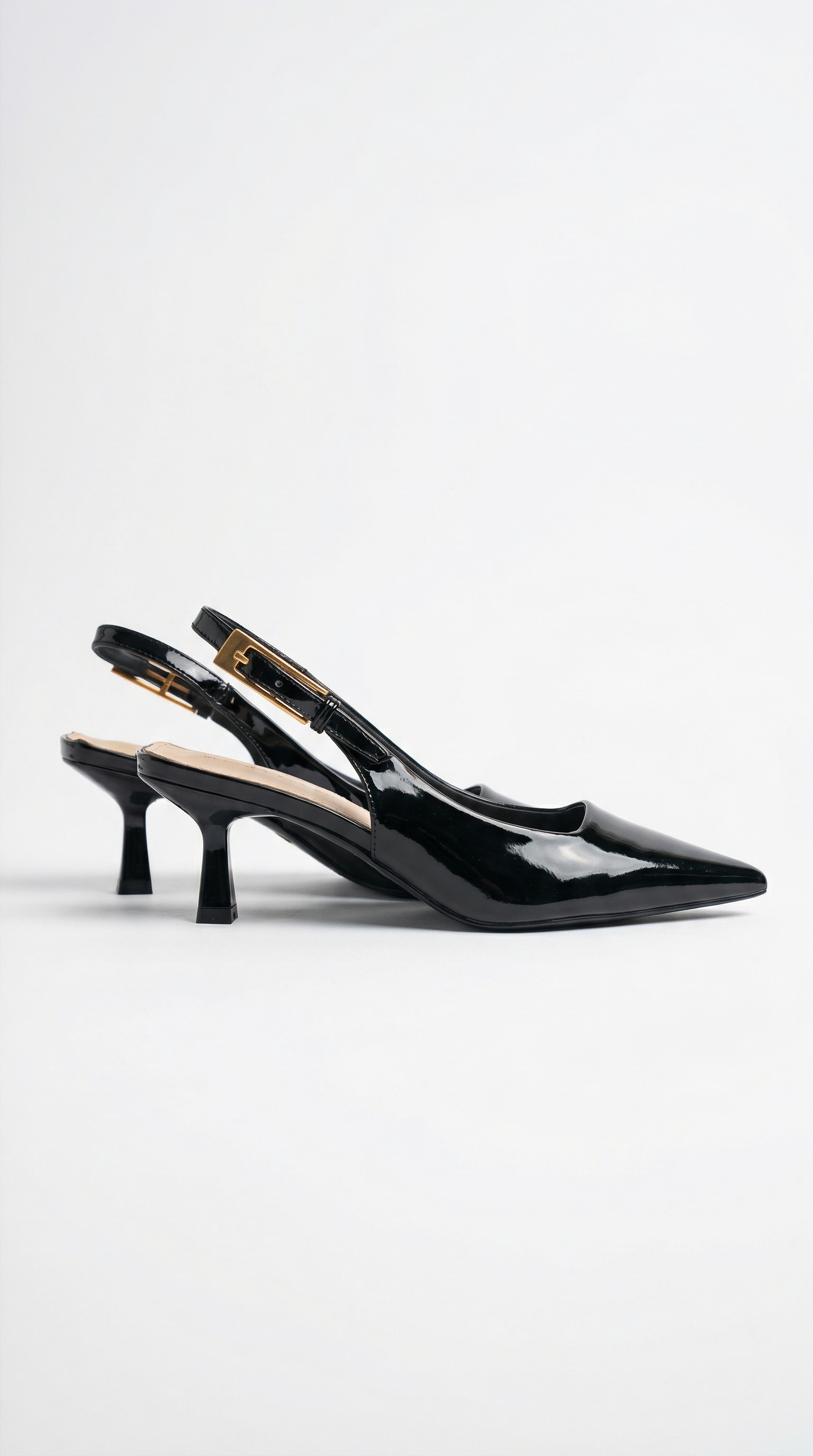 Black Patent Leather Pointed Toe Slingback Kitten Heels Women's Glossy Low Heel Slingback Pumps