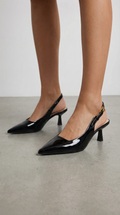 Black Patent Leather Pointed Toe Slingback Kitten Heels Women's Glossy Low Heel Slingback Pumps
