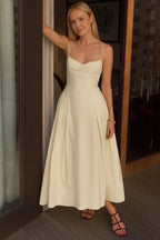 Serena Midi Dress – Ivory Structured Cotton Sateen Pleated Skirt Dress