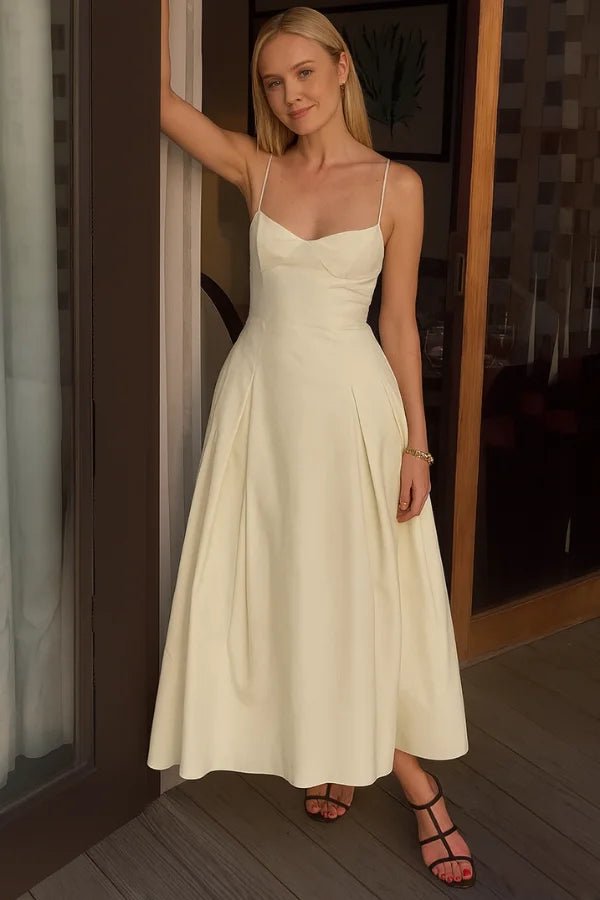 Serena Midi Dress – Ivory Structured Cotton Sateen Pleated Skirt Dress