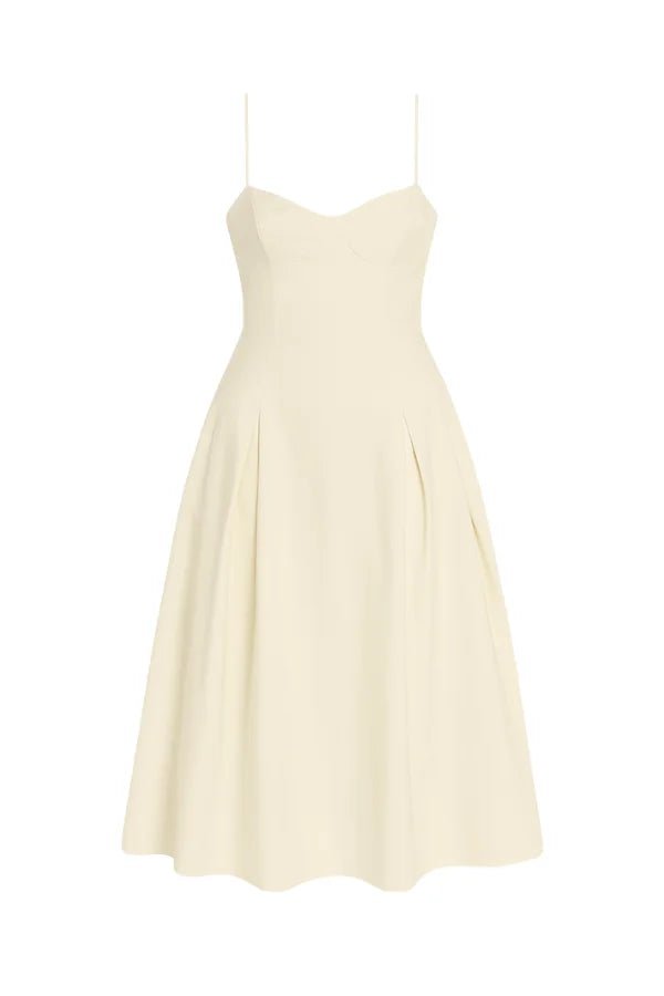 Serena Midi Dress – Ivory Structured Cotton Sateen Pleated Skirt Dress