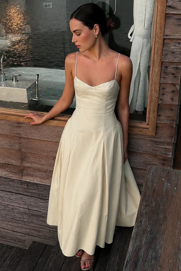 Serena Midi Dress – Ivory Structured Cotton Sateen Pleated Skirt Dress