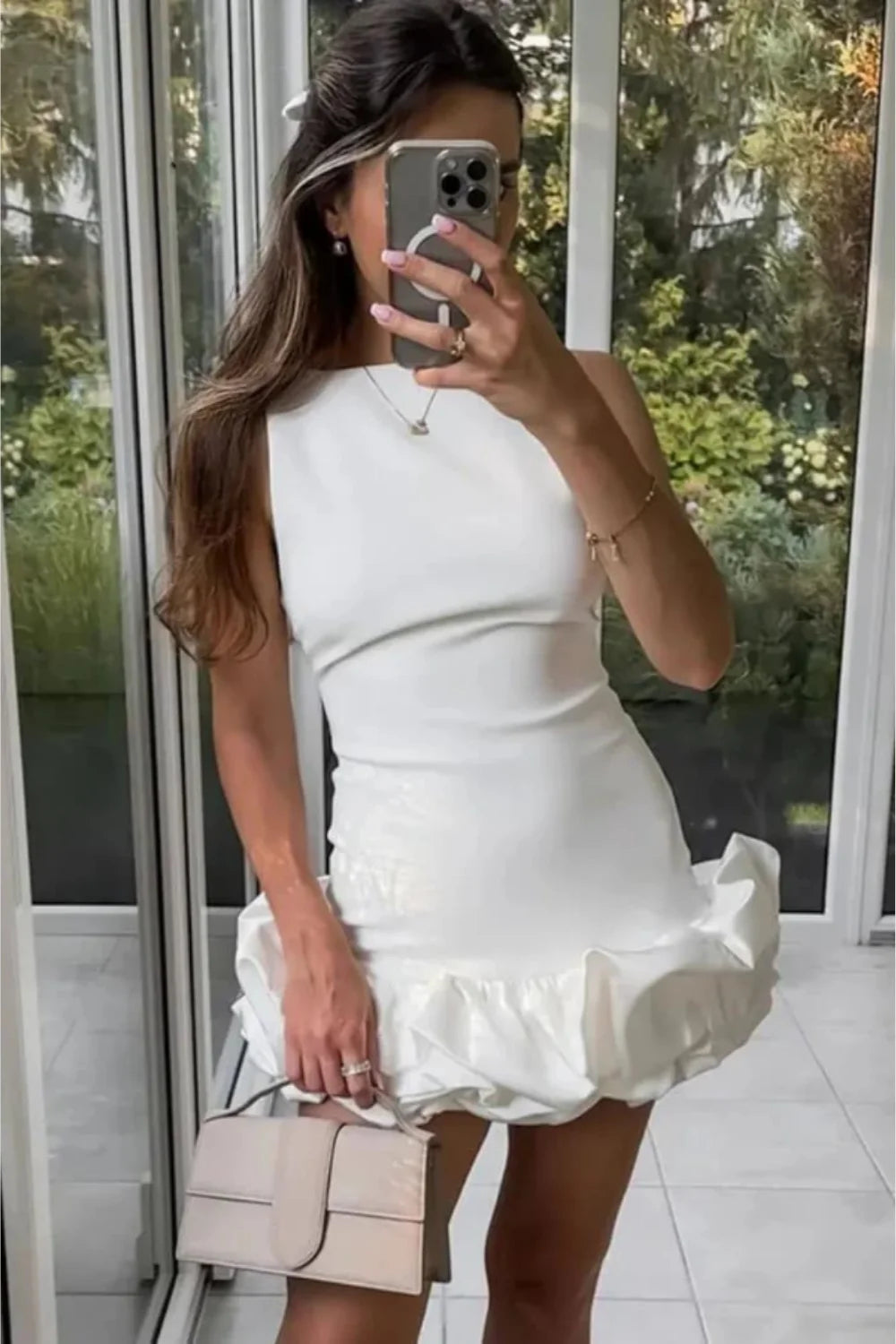 Elspeth Bubble Hem Mini Dress – Structured Crepe & Taffeta Statement Dress