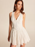 Women’s Embroidered Cotton V-Neck Mini Dress – Sleeveless Slim Fit Wedding & Vacation Dress