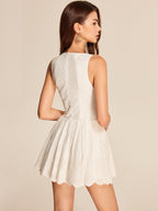 Women’s Embroidered Cotton V-Neck Mini Dress – Sleeveless Slim Fit Wedding & Vacation Dress