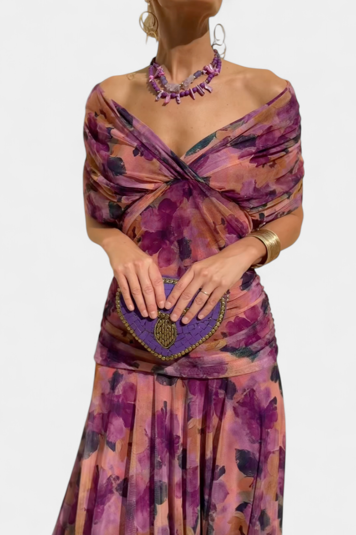 Eryzziah Elegant Floral Maxi Dress – V-Neck Pleated Waist Flowing Evening Dress