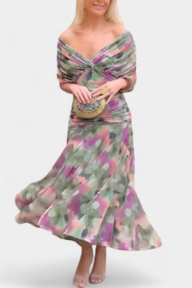 Eryzziah Elegant Floral Maxi Dress – V-Neck Pleated Waist Flowing Evening Dress