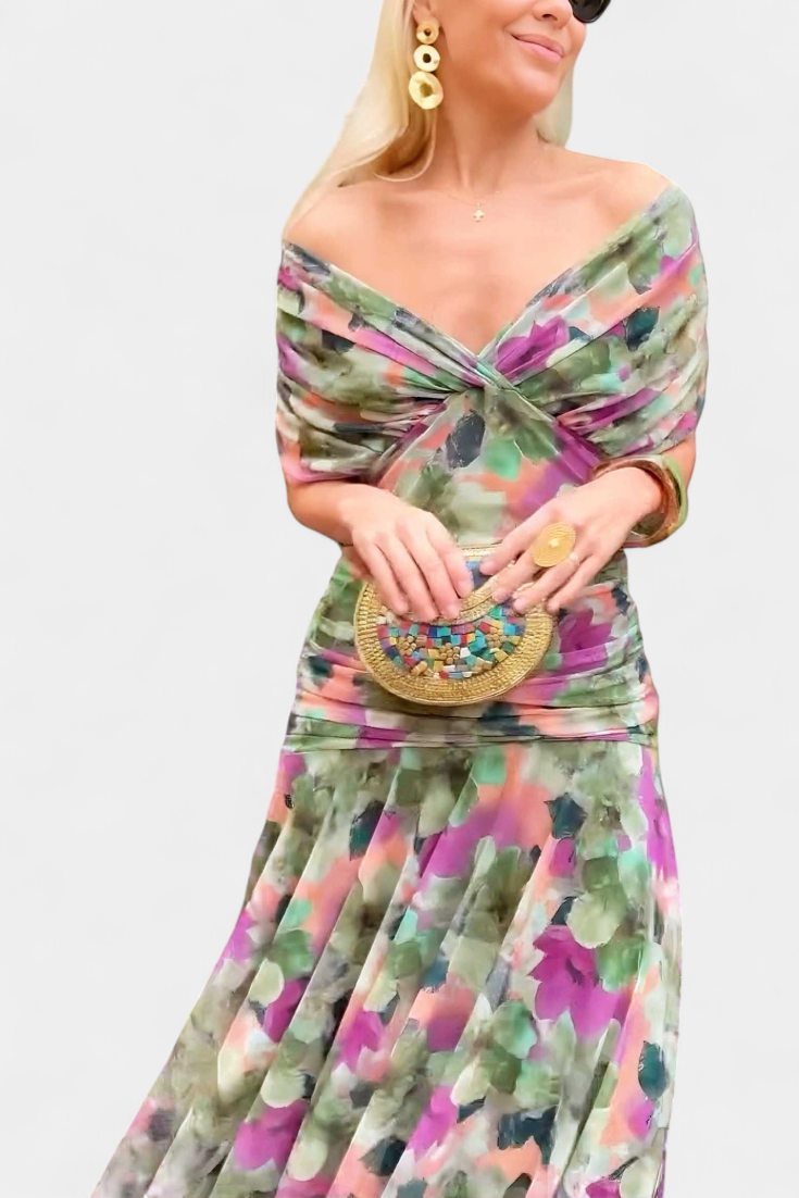 Eryzziah Elegant Floral Maxi Dress – V-Neck Pleated Waist Flowing Evening Dress