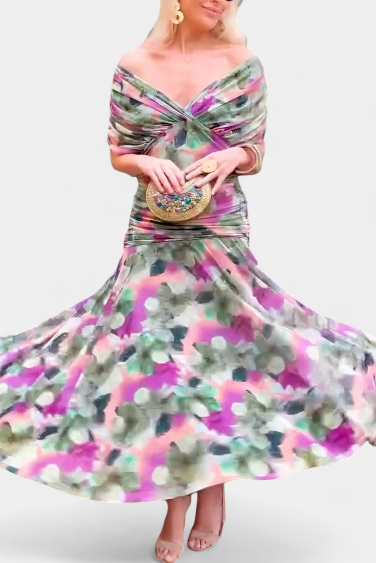 Eryzziah Elegant Floral Maxi Dress – V-Neck Pleated Waist Flowing Evening Dress