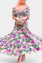 Eryzziah Elegant Floral Maxi Dress – V-Neck Pleated Waist Flowing Evening Dress