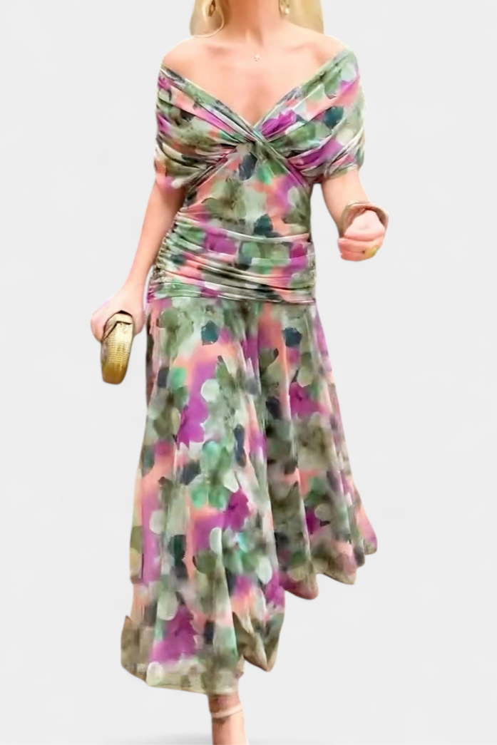 Eryzziah Elegant Floral Maxi Dress – V-Neck Pleated Waist Flowing Evening Dress
