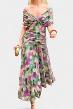 Eryzziah Elegant Floral Maxi Dress – V-Neck Pleated Waist Flowing Evening Dress
