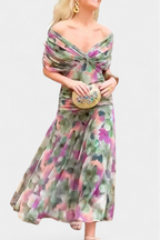 Eryzziah Elegant Floral Maxi Dress – V-Neck Pleated Waist Flowing Evening Dress