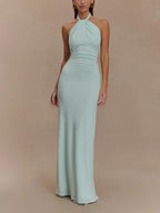 Women’s Fitted Halter Maxi Dress – Low Back Ruched Bodycon Glam Gown with Stretch Recycled Fabric Elegant Evening Dress