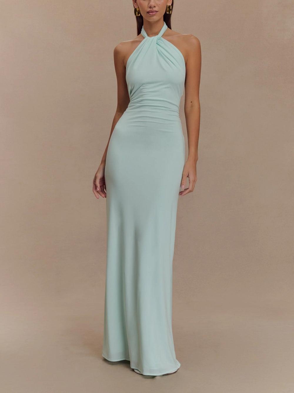 Women’s Fitted Halter Maxi Dress – Low Back Ruched Bodycon Glam Gown with Stretch Recycled Fabric Elegant Evening Dress