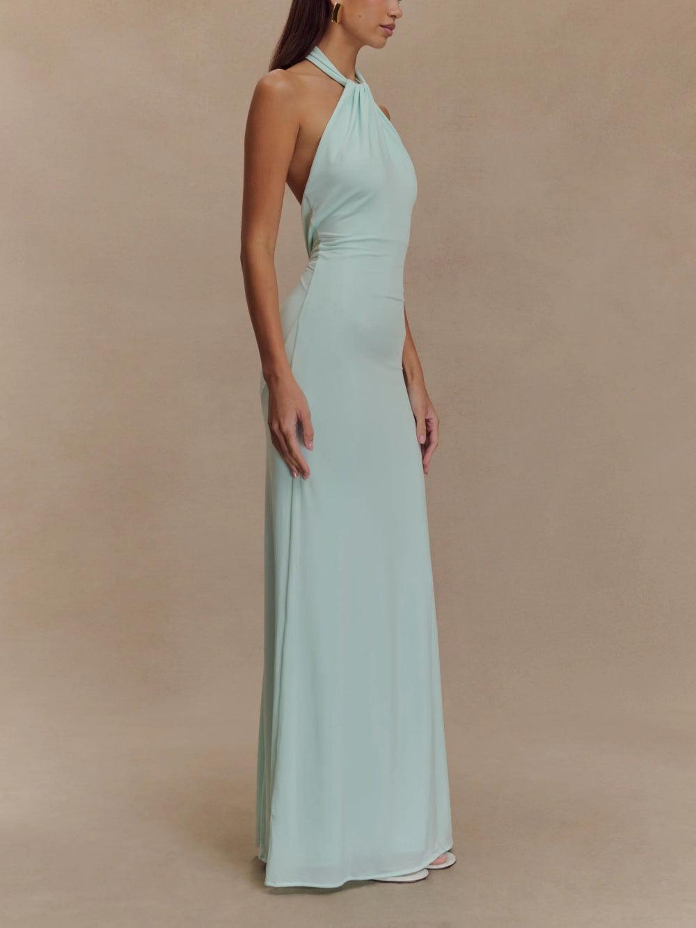 Women’s Fitted Halter Maxi Dress – Low Back Ruched Bodycon Glam Gown with Stretch Recycled Fabric Elegant Evening Dress