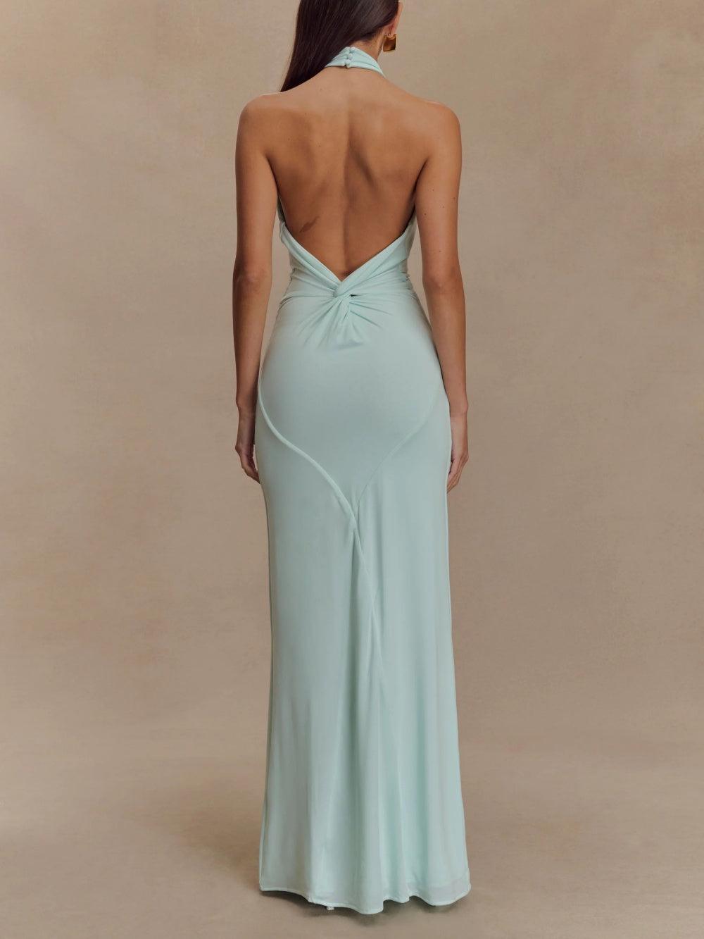 Women’s Fitted Halter Maxi Dress – Low Back Ruched Bodycon Glam Gown with Stretch Recycled Fabric Elegant Evening Dress