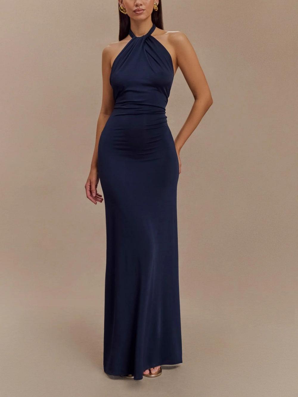 Women’s Fitted Halter Maxi Dress – Low Back Ruched Bodycon Glam Gown with Stretch Recycled Fabric Elegant Evening Dress
