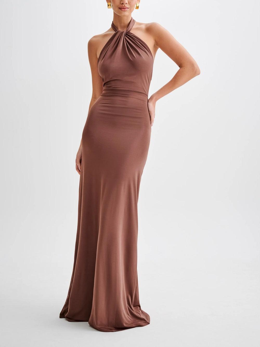Women’s Fitted Halter Maxi Dress – Low Back Ruched Bodycon Glam Gown with Stretch Recycled Fabric Elegant Evening Dress