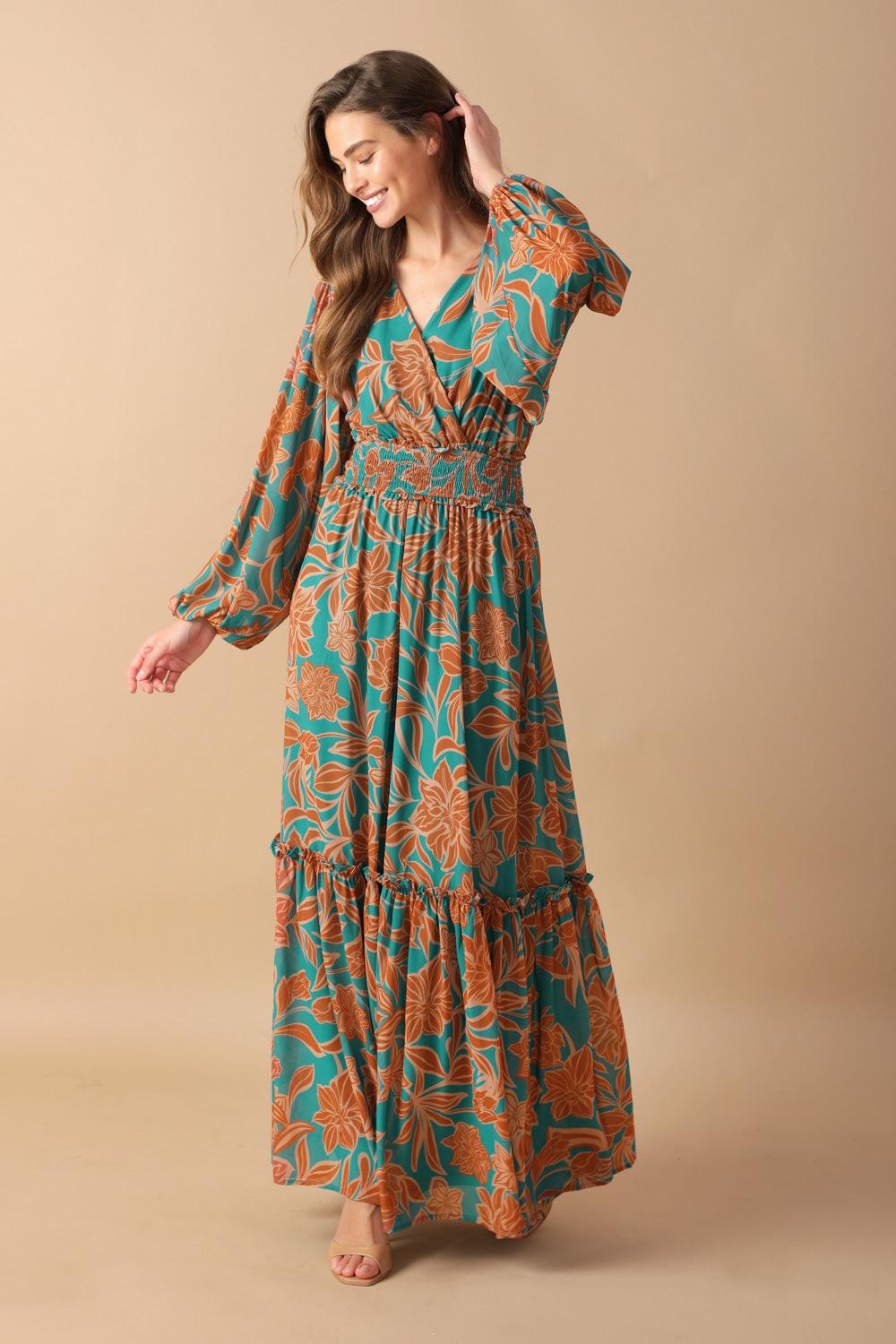 Women’s Printed Surplice Neck Smocked Waist Maxi Dress with Blouson Sleeves & Ruffled Hem