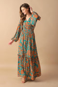 Women’s Printed Surplice Neck Smocked Waist Maxi Dress with Blouson Sleeves & Ruffled Hem