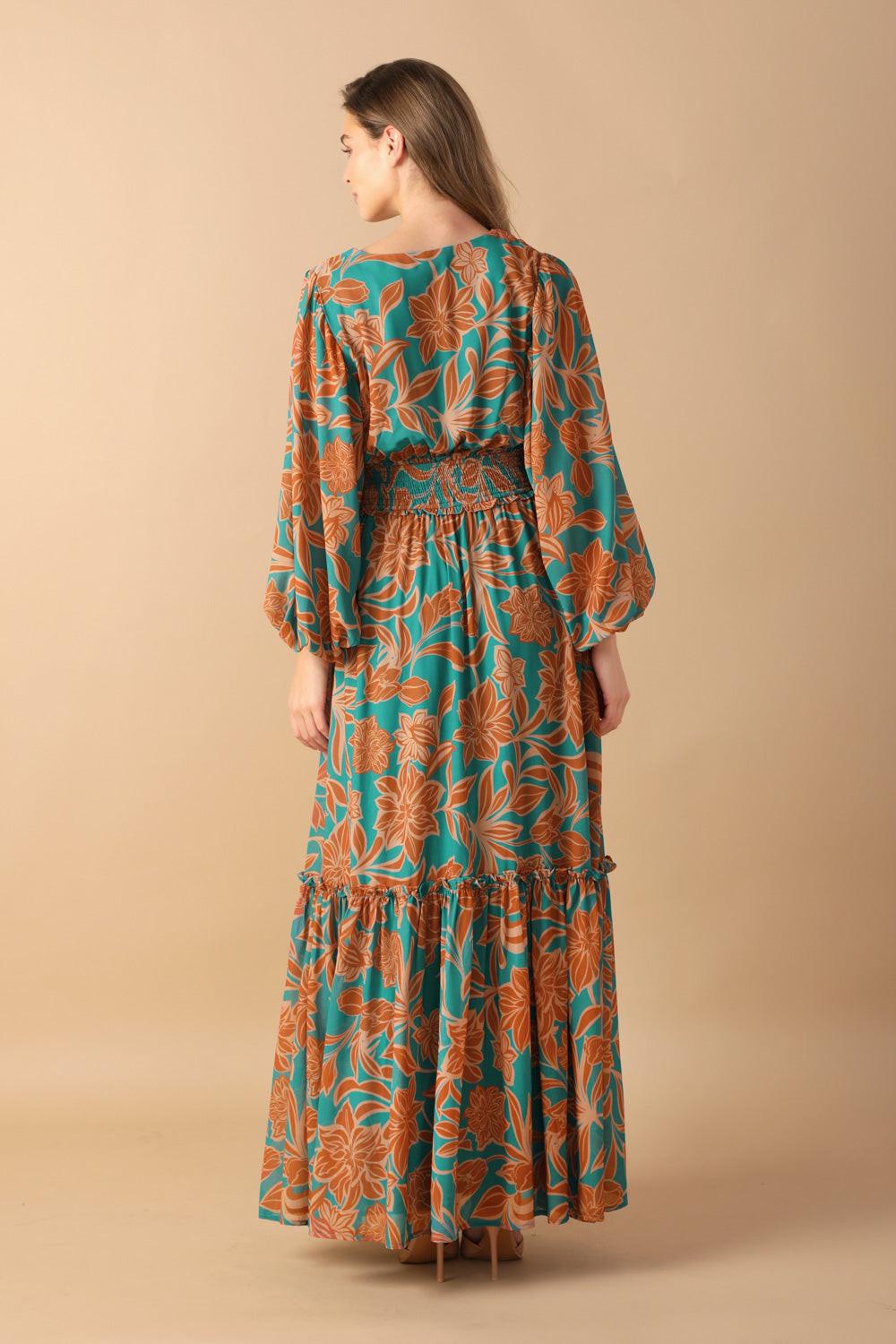 Women’s Printed Surplice Neck Smocked Waist Maxi Dress with Blouson Sleeves & Ruffled Hem