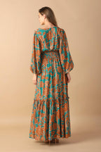 Women’s Printed Surplice Neck Smocked Waist Maxi Dress with Blouson Sleeves & Ruffled Hem