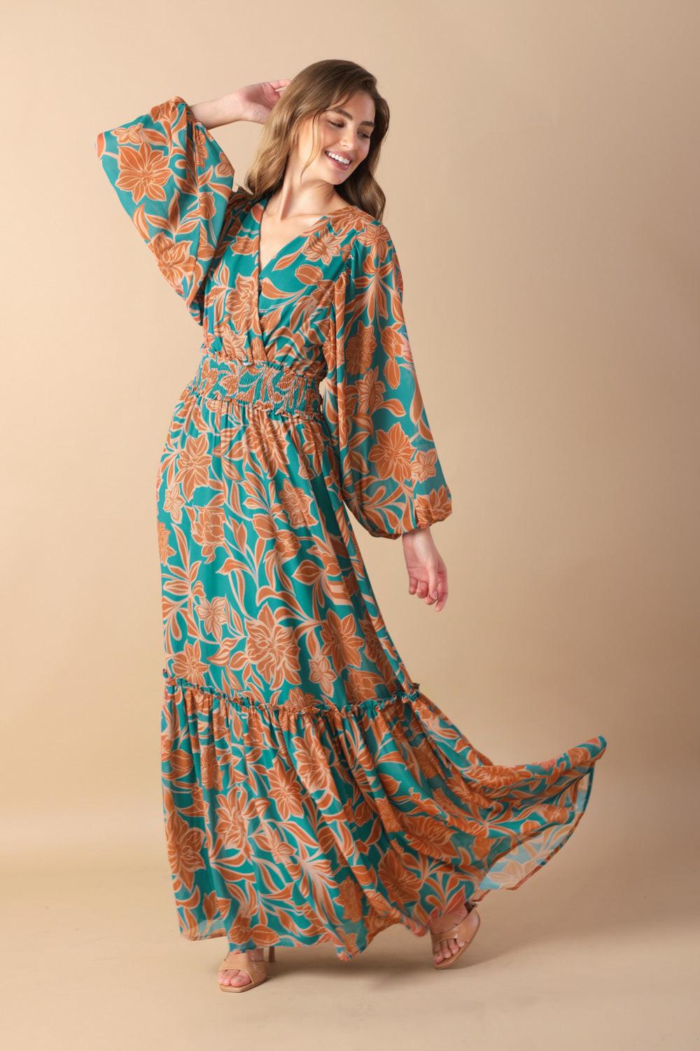 Women’s Printed Surplice Neck Smocked Waist Maxi Dress with Blouson Sleeves & Ruffled Hem