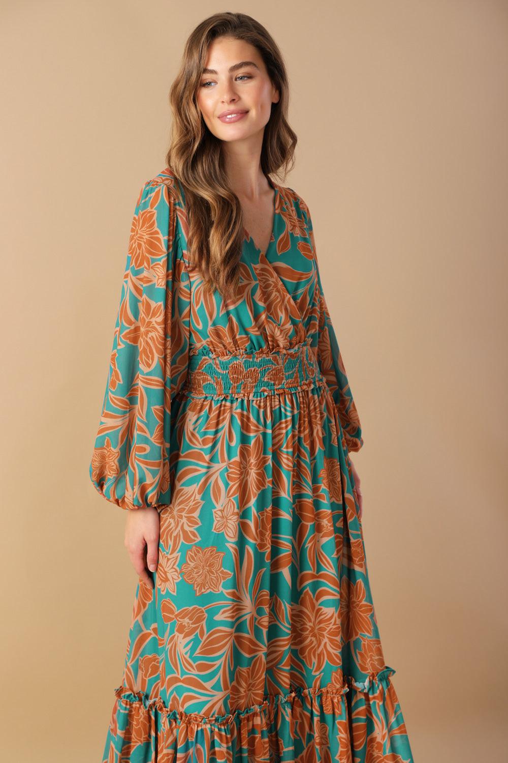 Women’s Printed Surplice Neck Smocked Waist Maxi Dress with Blouson Sleeves & Ruffled Hem