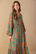 Women’s Printed Surplice Neck Smocked Waist Maxi Dress with Blouson Sleeves & Ruffled Hem