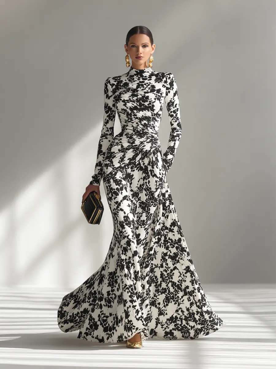 Women’s Floral High-Neck Long Sleeve Maxi Dress – Elegant Fitted Waist Formal Flowing Evening Gown