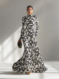 Women’s Floral High-Neck Long Sleeve Maxi Dress – Elegant Fitted Waist Formal Flowing Evening Gown