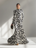 Women’s Floral High-Neck Long Sleeve Maxi Dress – Elegant Fitted Waist Formal Flowing Evening Gown