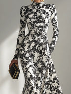 Women’s Floral High-Neck Long Sleeve Maxi Dress – Elegant Fitted Waist Formal Flowing Evening Gown
