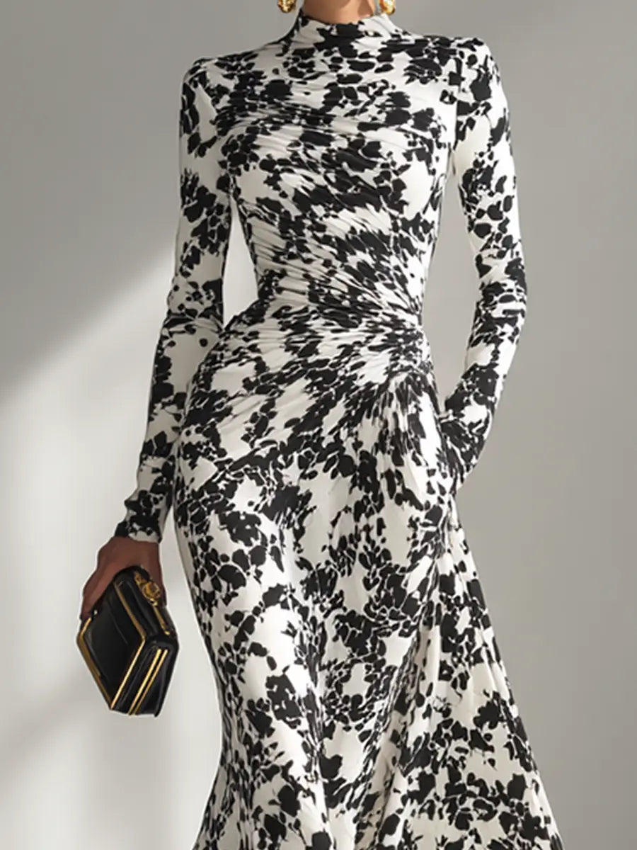 Women’s Floral High-Neck Long Sleeve Maxi Dress – Elegant Fitted Waist Formal Flowing Evening Gown