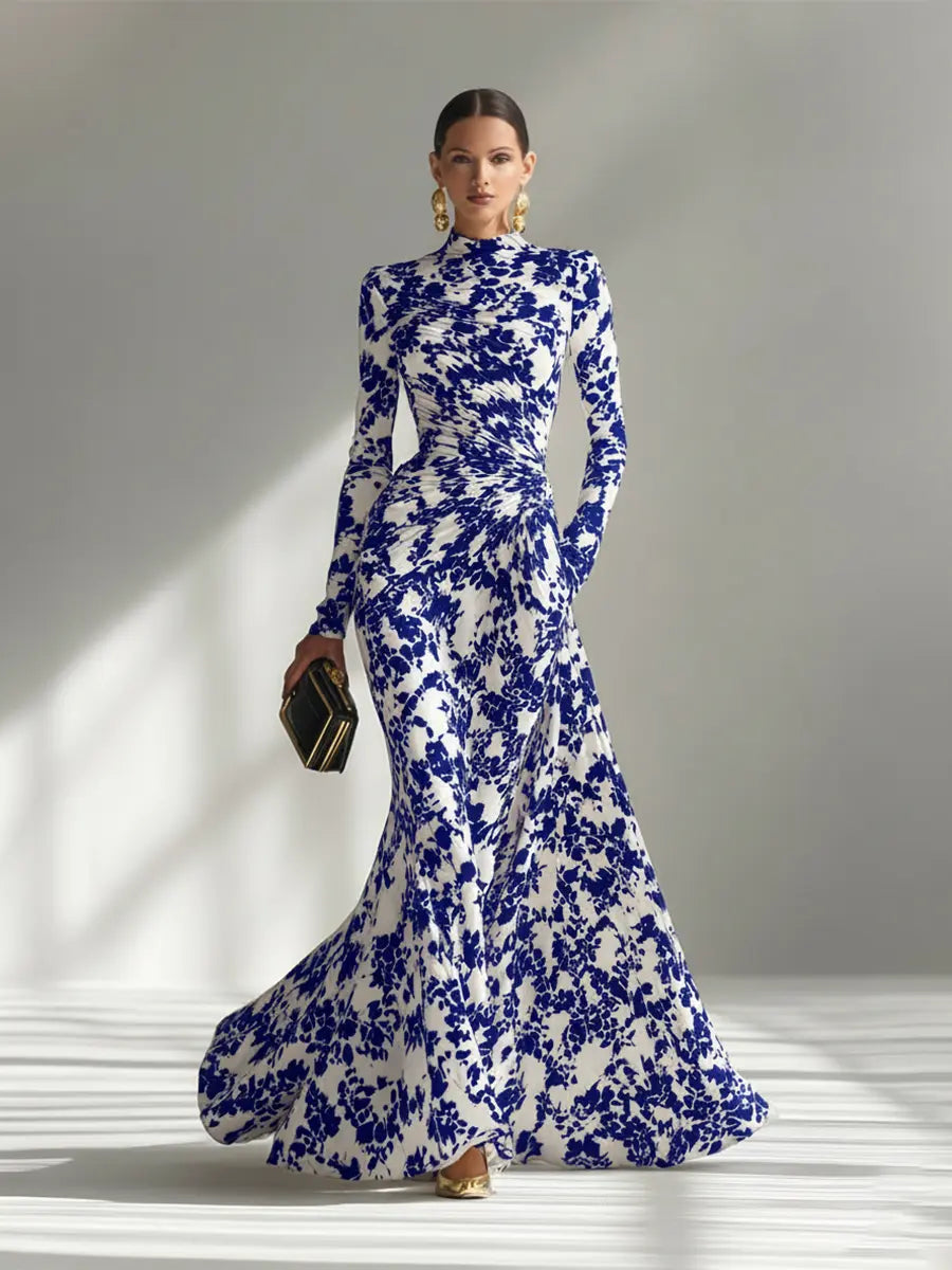 Women’s Floral High-Neck Long Sleeve Maxi Dress – Elegant Fitted Waist Formal Flowing Evening Gown