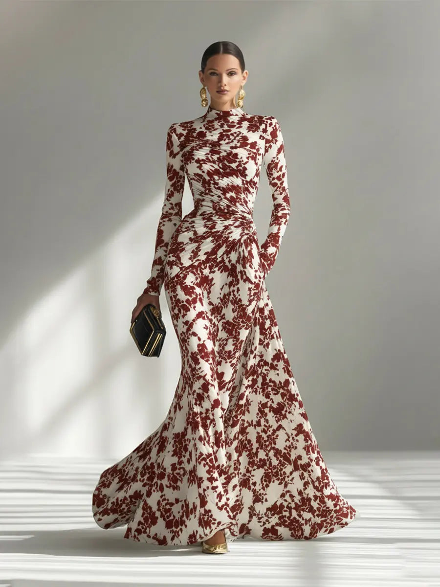 Women’s Floral High-Neck Long Sleeve Maxi Dress – Elegant Fitted Waist Formal Flowing Evening Gown