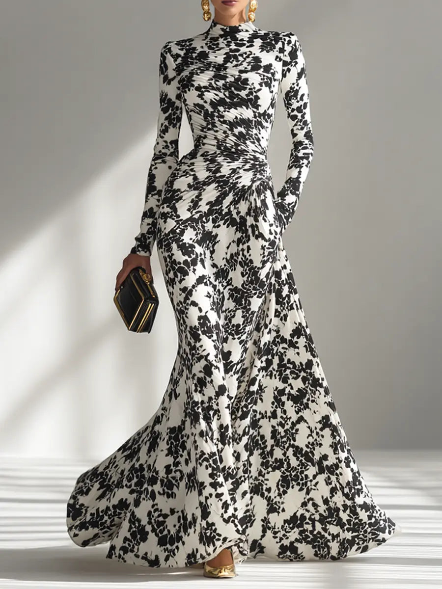 Women’s Floral High-Neck Long Sleeve Maxi Dress – Elegant Fitted Waist Formal Flowing Evening Gown