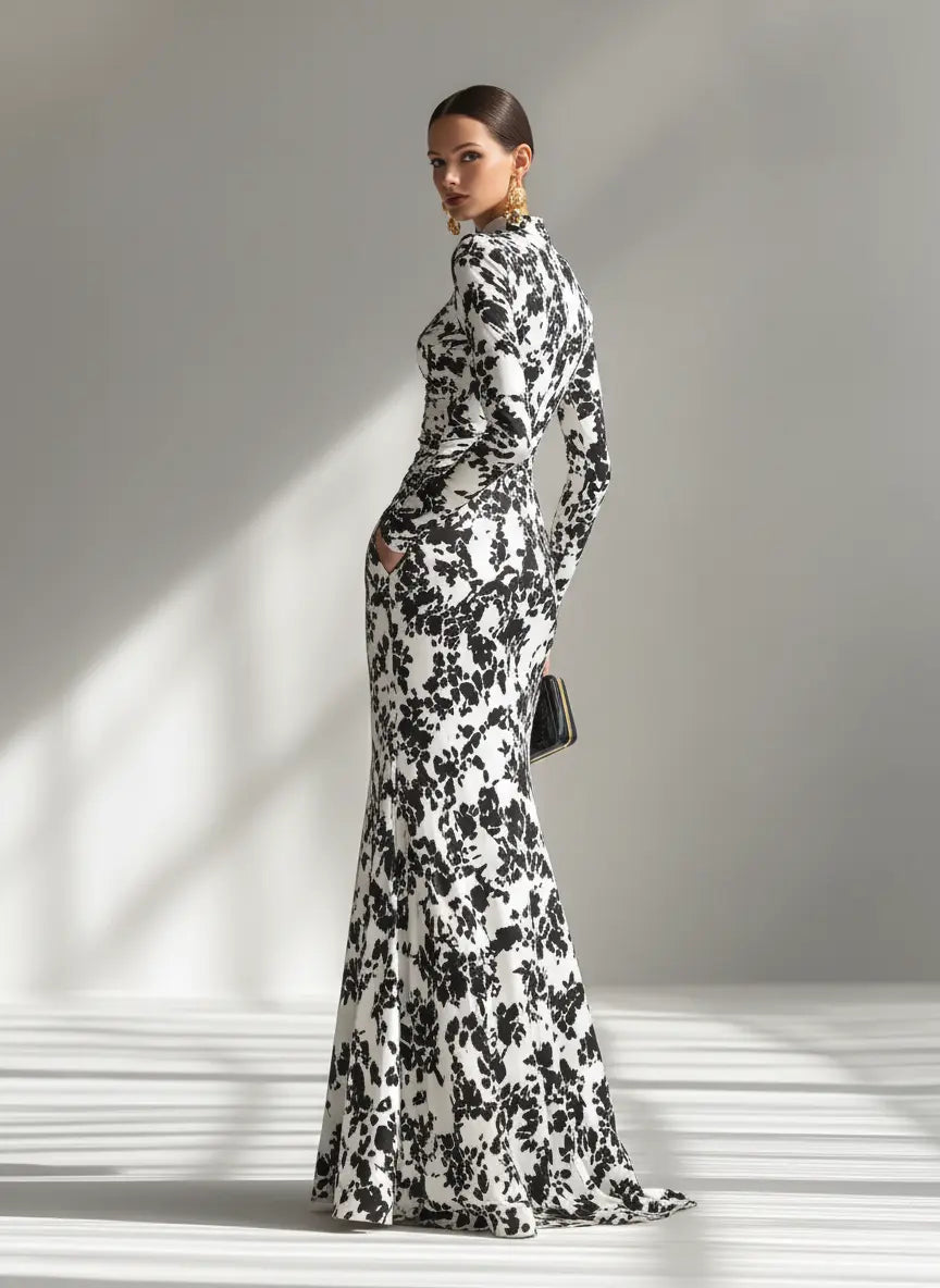 Women’s Floral High-Neck Long Sleeve Maxi Dress – Elegant Fitted Waist Formal Flowing Evening Gown